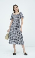 SIXDO G-Navy Short Sleeves Woven Flared Dress for Women